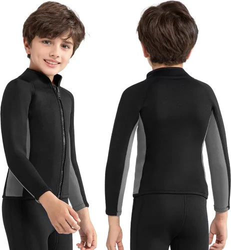 Vista 5 de Trajes de neopreno para niños, 0.118 in, de manga larga, con cremallera frontal, para niños y niñas, para mantener el calor en deportes acuáticos