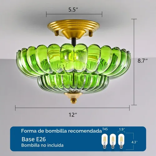 Vista 4 de Lámpara de Techo Moderna Semiempotrada, Luminaria de Techo de 3 Luces Negra Cerca del Techo con Pantalla de Vidrio Verde para Sala de Estar