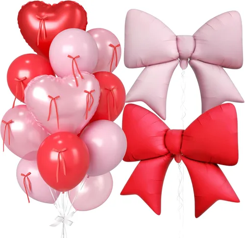 Vista 24 de 16 globos de corazón rosa, globos de lazo de 38 pulgadas, globo transparente rosa perla de doble relleno y arco en forma de corazón globo