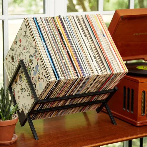 Vista 2 de MODERN VINYL Estantes de almacenamiento de discos de vinilo - Soporte de discos de vinilo de fácil montaje 100 LP Elegante soporte de LP negro