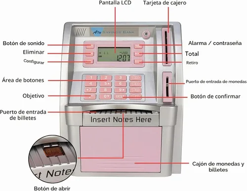 Vista 3 de LB Máquina de ahorro de cajeros automáticos mejorada 2025 para niños y adultos con tarjeta, cajero automático alcancía para dinero real