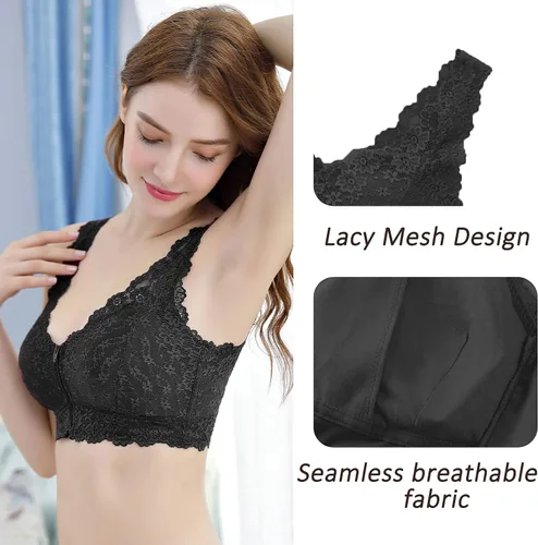 Vista 4 de Sujetador de encaje floral con cuello en V para mujer, bralettes de encaje sin aros con soporte push up y cierre frontal
