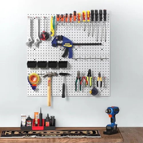Vista 5 de Pegboard Smith Paneles de Tablero Perforado Organizador de Pared de 16x16 pulgadas, Tablero Perforado de Metal Gris para Almacenamiento