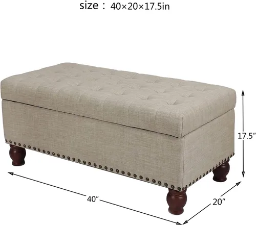 Vista 3 de DecentHome - Banco otomano reposapiés rectangular para almacenamiento, con patas de madera maciza, Tela, Beige