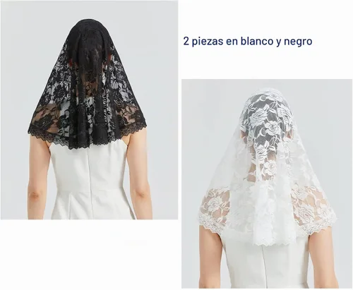 Vista 6 de Velo de mantilla de encaje suave y cómodo, 7 colores, estilo español, velo de encaje rosa, cubierta de cabeza, forma de D 2 piezas blanco y negro