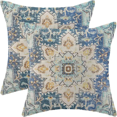 Vista 23 de Fundas de almohada Gohdiwh boho 16 x 16, juego de 2, fundas de almohada decorativas de diseño étnico, fundas de almohada de lino azul
