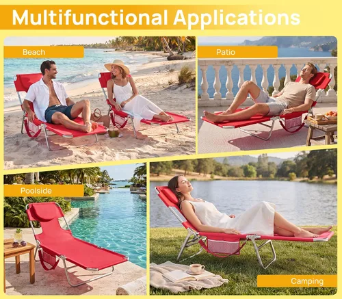 Vista 8 de Silla de bronceado solar con agujero facial, sillas reclinables de playa Rojo