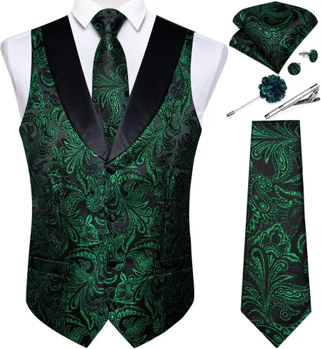 Vista 29 de DiBanGu Chaleco de traje de cachemira para hombre, chaleco jacquard de seda y corbata, chaleco formal de cuello de chal, 7 piezas para fiesta