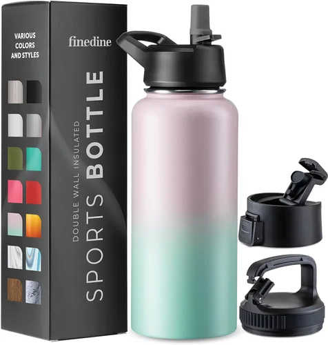Vista 54 de FineDine Botellas de agua aisladas de triple pared con popote, botella de metal de acero inoxidable de 25 onzas con 3 tapas a prueba de fugas