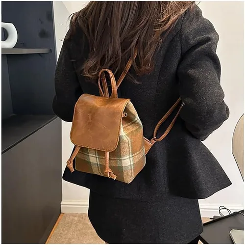 Vista 4 de Mochila vintage a cuadros para mujer, mochila clásica preppy casual, mochila estética de viaje, mochila retro para mujer, Verde