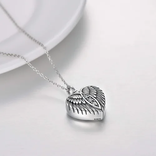 Vista 3 de Collar con urna de corazón con forma de alas de ángel, collar de cenizas y cremación