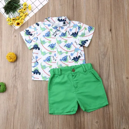 Vista 9 de Conjunto de camisa de manga corta con botones y pantalones cortos casuales con diseño de flamingo, para bebés y niños de 1 a 6 años, atuendos
