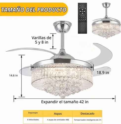Vista 2 de Ventilador de Techo Invisible de 42" con Lámpara de Araña, Lámpara Moderna de Ventilador de Techo de Cristal con Control Remoto, 4 Aspas Retráctiles