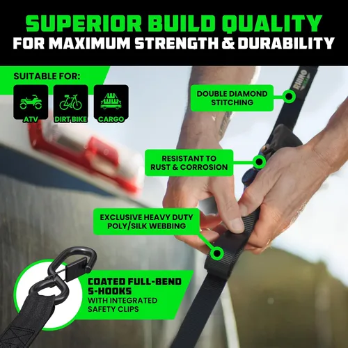 Vista 3 de Rhino USA - Correas de trinquete de amarre (4), 1 pulgada x 15 pies (resistencia 1823 libras), con ganchos en S de seguridad, alta calidad para Negro