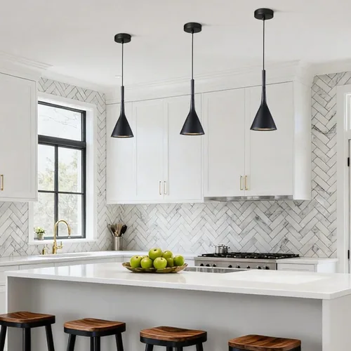 Vista 5 de KCO Lighting Farmhouse - Lámpara colgante de cono negro de 1 luz, pequeña lámpara colgante industrial para isla de cocina, luminaria colgante