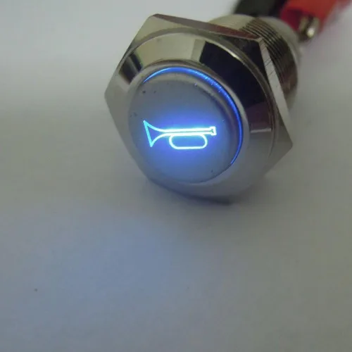 Vista 6 de ESUPPORT Botón de contacto momentáneo, para bocina, claxon, con luz LED azul, de 12V, para auto, vehículo, interruptor de palanca de metal, 19mm