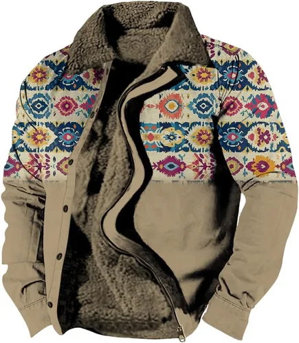 Vista 11 de LOAIHA Chaqueta de invierno para hombre, chaqueta azteca occidental para hombre, con cremallera, forro polar cálido, chaqueta vaquera, étnica vintage