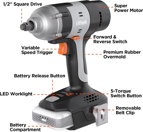 Vista 8 de LiTHELi Kit de llave de impacto inalámbrica de 20 V con batería de 2.0 Ah, pistola de impacto de anillo de cerdo de 1/2 pulgada, máximo 295