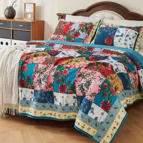 Vista 8 de EVENHUG Juego de Edredón de Retazos de 100% Algodón Tamaño Queen Ligero Floral Edredones Queen Juego de Ropa de Cama Colcha Cubrecama Cubierta