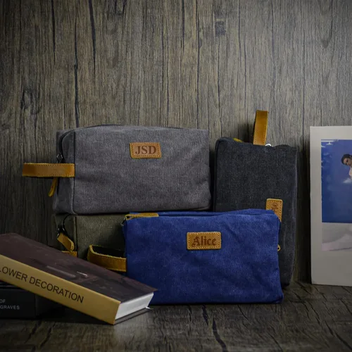 Vista 8 de Neceser personalizado para hombres, kit de aseo personalizado de lona para afeitar, bolsa de aseo grabada con láser, kit de lona de cuero