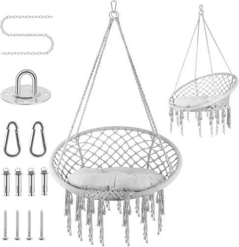 Vista 9 de Silla columpio de macramé con cojín y accesorios extraíbles, hamaca resistente tejida a mano con cuerda de algodón, soporta 330 libras para patio