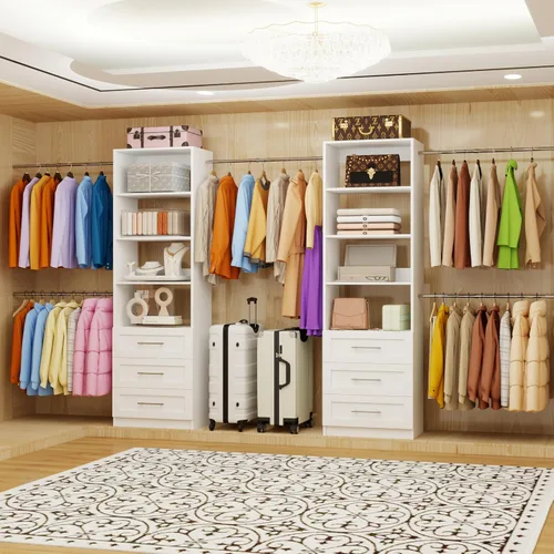 Vista 6 de Sistema de armario con 6 cajones, sistema organizador de armario modular de madera con 8 estantes, 8 varillas expandibles para colgar, montaje