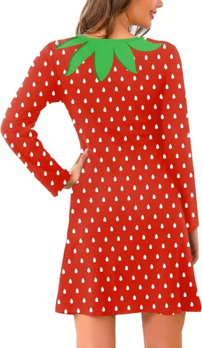 Vista 7 de Spadehill Minivestido de Halloween de manga larga con cuello redondo y bolsillos estampados de frutas para mujer