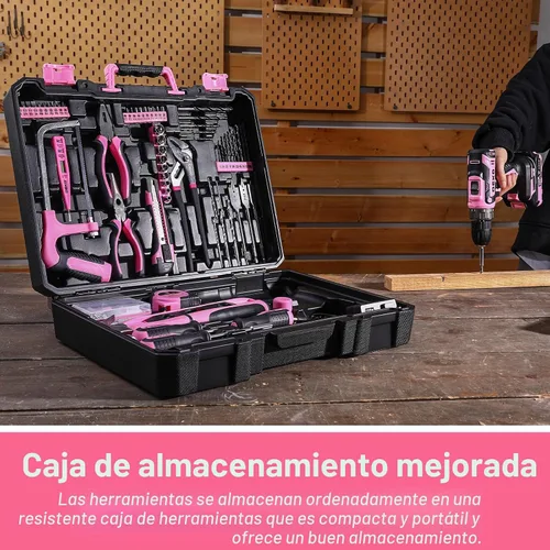 Vista 6 de Juego de herramientas de taladro eléctrico rosado: taladro eléctrico inalámbrico de 20 V, controlador, caja de herramientas con batería