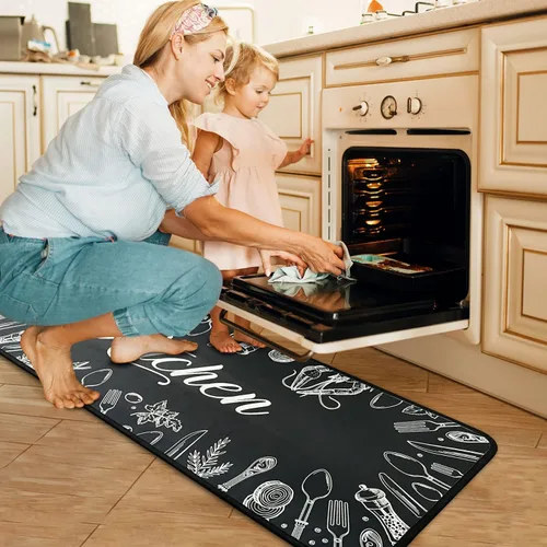 Vista 4 de Juego de 2 alfombras y tapetes de cocina antideslizantes, lavables, color negro, suaves, superabsorbentes, antifatiga, juego de tapetes de cocina