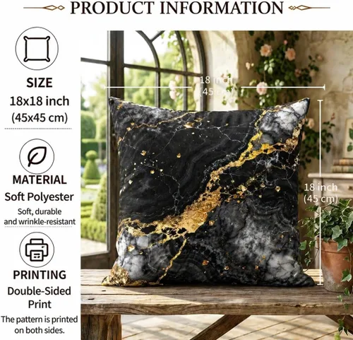 Vista 4 de Yobvec Juego de 2 fundas de almohada de 18 x 18 pulgadas, color negro dorado y gris, fundas de cojín decorativas de mármol abstracto, decoración