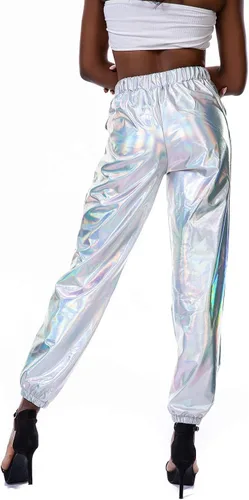 Vista 3 de Zaxicht - Pantalones deportivos color metálico brillante para mujer estilo informal con cintura alta