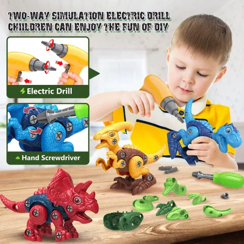Vista 3 de Juguetes de dinosaurio para niños de 3, 4, 5, 6, 7 años, juguetes desmontables con taladro eléctrico para niños, juguete educativo de construcción