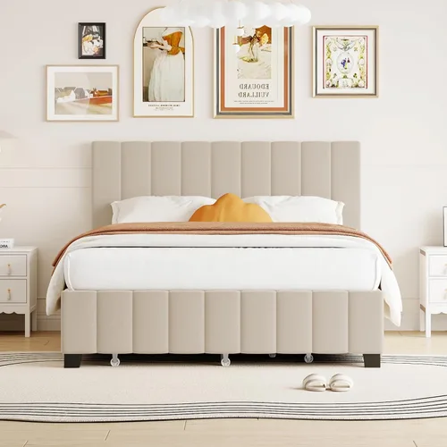 Vista 13 de Harper & Bright Designs - Base de cama tapizada de tamaño Queen, plataforma de terciopelo de madera con cabecero con patrón de flores