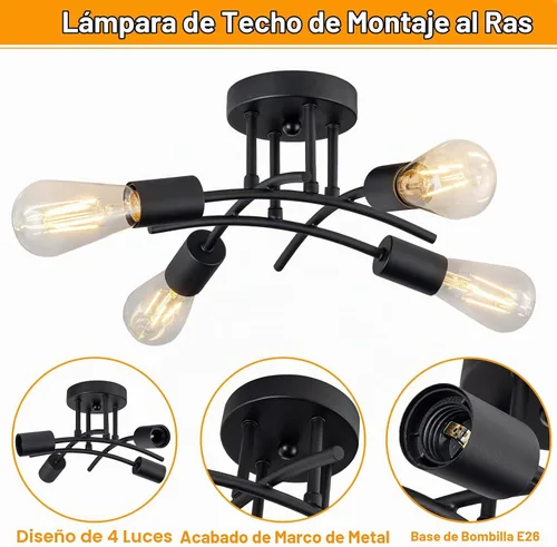 Vista 6 de Lámpara industrial de techo semiempotrada de 4 luces, moderna lámpara negra para cerca del techo, lámpara de araña con base E26, lámpara colgante