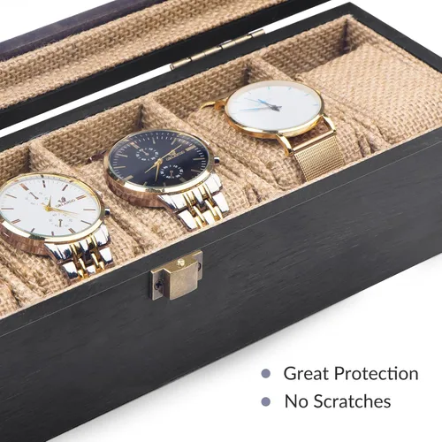 Vista 8 de Alsonerbay Caja de reloj con 6 ranuras para hombres y mujeres, organizador de reloj negro, soporte de almacenamiento de madera con cerradura