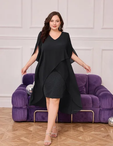 Vista 3 de Hanna Nikole Vestido de cóctel de gasa para mujer, talla grande, con volantes, manga 34, vestidos de fiesta de invitados de boda con dobladillo alto