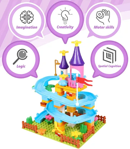 Vista 8 de Juego de construcción de juguetes de Marble Run, 86 piezas de bloques de construcción de castillo para mayores de 3 años, juguetes de construcción