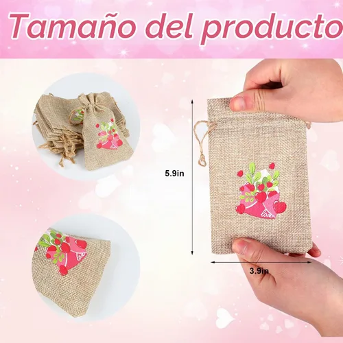 Vista 2 de DERAYEE 36 bolsas de regalo de arpillera para el día de San Valentín con cordón, 4 x 6 pulgadas, pequeñas bolsas de lino con corazón de San