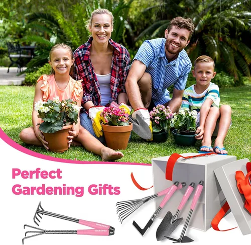 Vista 8 de WORKPRO Juego de herramientas de jardín rosa de 6 piezas, herramientas manuales de jardinería resistentes con mango de goma suave, incluyendo