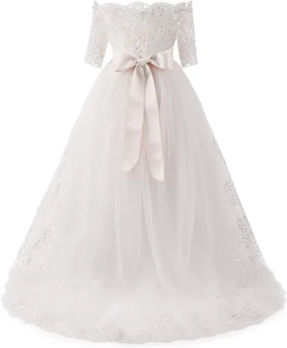 Vista 5 de Elegante vestido de primera comunión con cuentas de encaje para niña de flores de 2 a 12 años MARFIL (ALL IVORY)