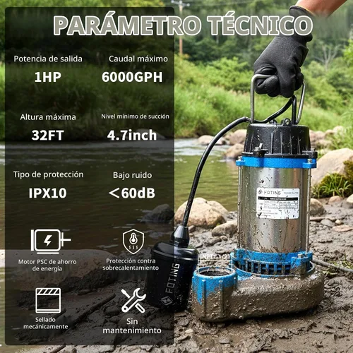 Vista 2 de FOTING 1HP 6000 GPH Bomba sumergible de aguas residuales/efluentes – Hierro fundido resistente – Bomba séptica de 115 V para cuenca de sumidero