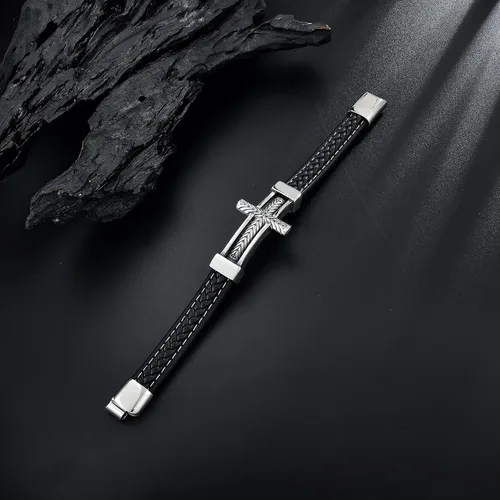 Vista 3 de Pulsera de cuero con cruz para hombre, de acero inoxidable, religiosa y religiosa con cruz lateral, pulsera de oración cristiana, regalo para hombres