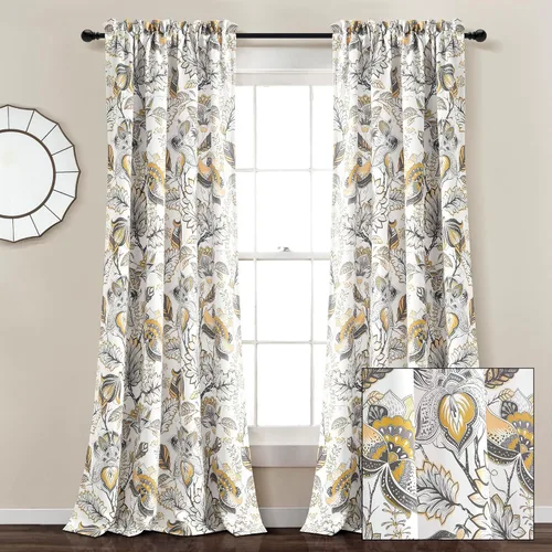 Vista 11 de Lush Decor Cynthia Jacobean - Par de paneles de cortinas para ventana con filtro de luz, 84" L x 52" A, amarillo y gris