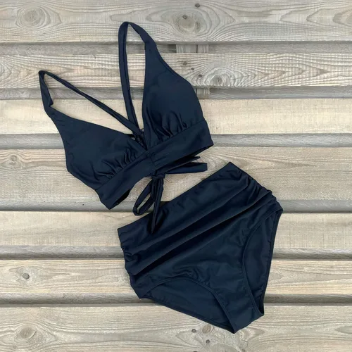 Vista 4 de SPORLIKE - Traje de baño de cintura alta para mujer, bikini de dos piezas con control de abdomen y parte superior triangular