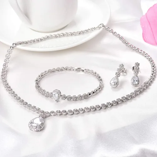 Vista 4 de Hadskiss - Juego de joyas, collar y aretes colgantes, chapado en oro blanco con circonia cúbica blanca AAA, joyería para bodas y fiestas