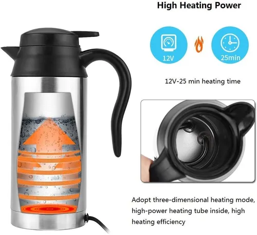 Vista 3 de Acouto Hervidor eléctrico de acero inoxidable para coche, 25.4 fl oz, 12 V, calentador de cigarrillos, calentador de agua portátil para té