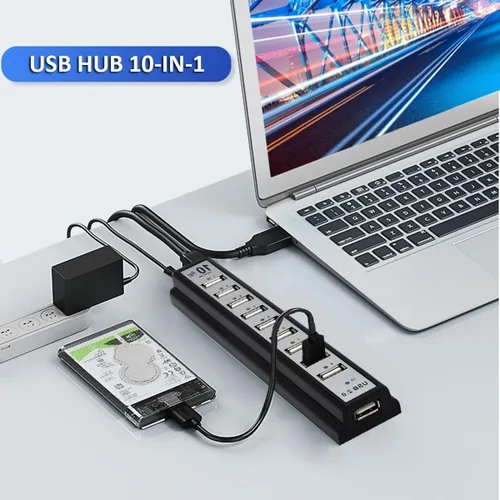 Vista 2 de Hub USB de 10 puertos, extensor de concentrador USB adaptador divisor de red con alimentación, para MacBook, PC, laptop, ratones, teclados