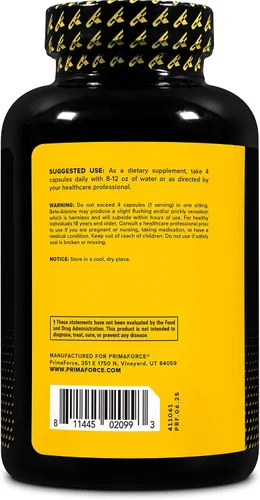 Vista 3 de Primaforce Beta Alanina (3,400mg) 180 Cápsulas 45 porciones, potente suplemento de beta-alanina