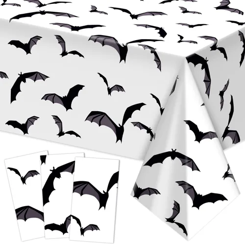 Vista 9 de Labeol Paquete de 3 manteles de Halloween, 108 x 54 pulgadas, manteles de Halloween negros, desechables, impermeables, de plástico, rectangular