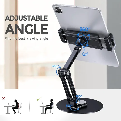 Vista 3 de Soporte para tableta para iPad, ajustable con base giratoria de 360 grados para escritorio, soporte giratorio de aluminio para tableta compatible